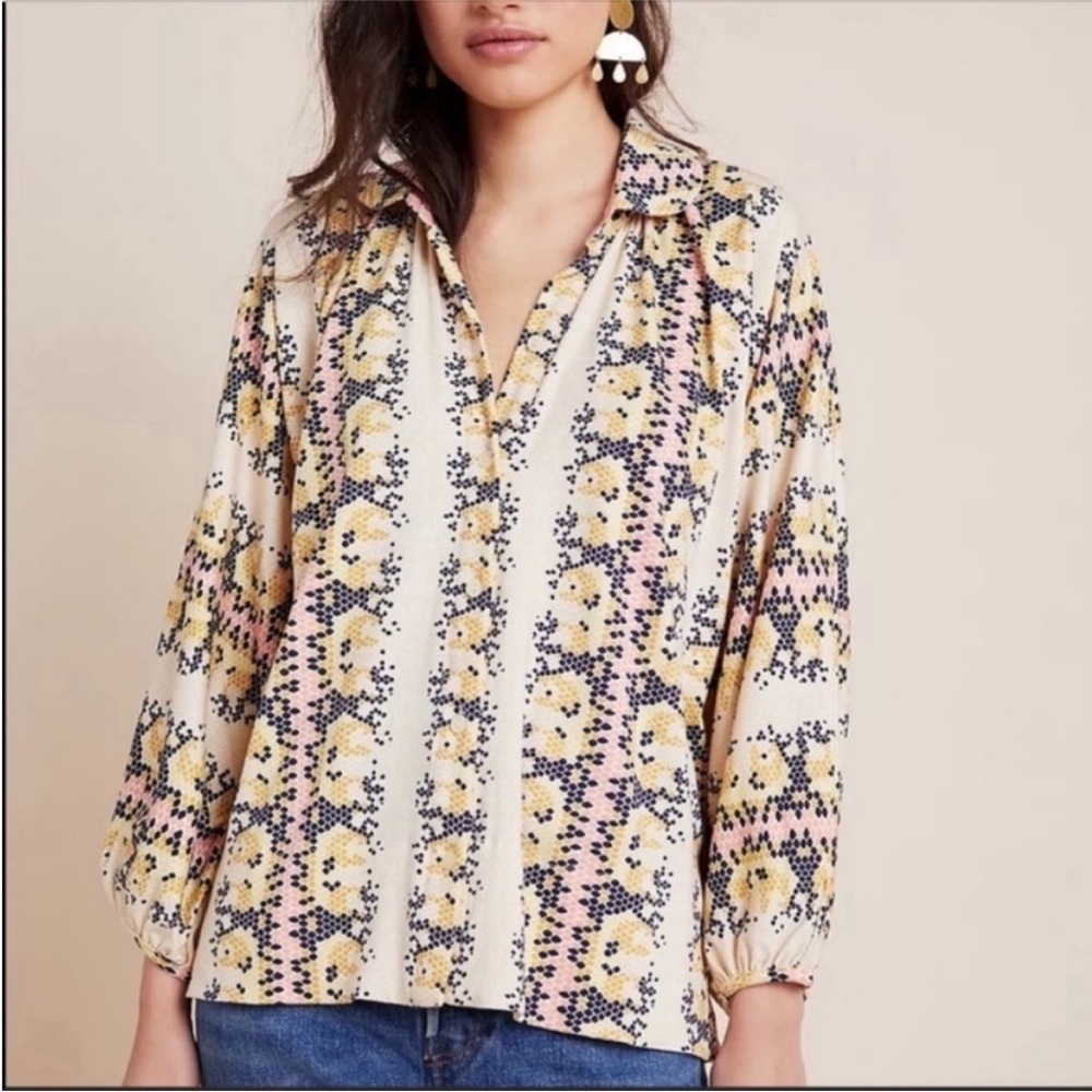 ANTHROPOLOGIE Abbe Honeycomb Buttondown Hexagonal Tops Long Sleeve Pink Size XS